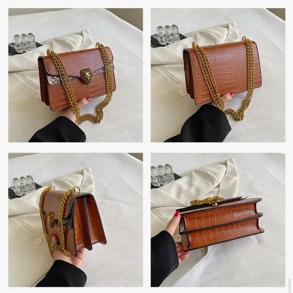 Unbranded Elegant Black Snake-Print Bag w/  Golden Lion Head & Golden Chain-NIP - Picture 7 of 16